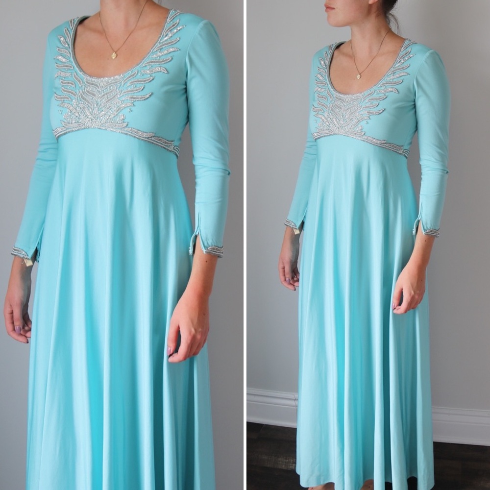 60's Victoria Royal beaded turquoise gown